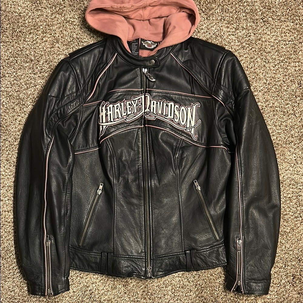 Harley-Davidson Black Leather Jacket with Pink Hoodie